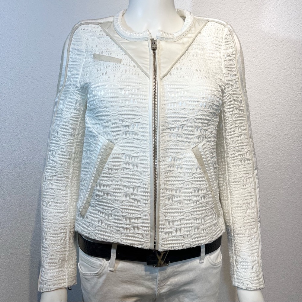 IRO • Kendall Jenner • Felicy Ivory Jacquard Silk Lamb Leather Trim Moto Jacket - Picture 5 of 16